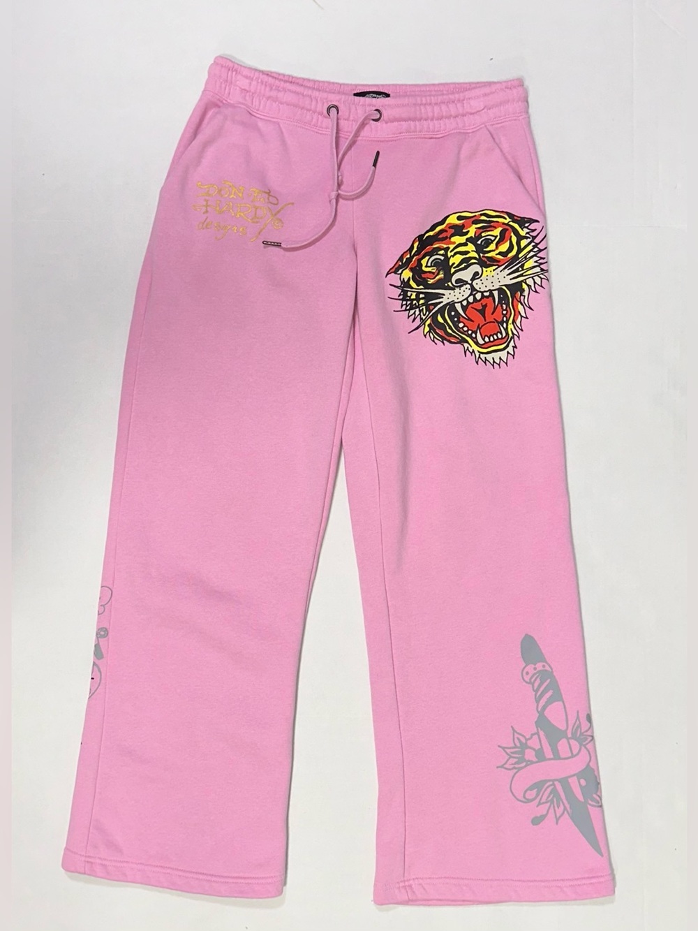 Ed Hardy Logo Tiger Dagger M Fleece Sweatpants Bubblegum Pink Y2K Style Wide Leg